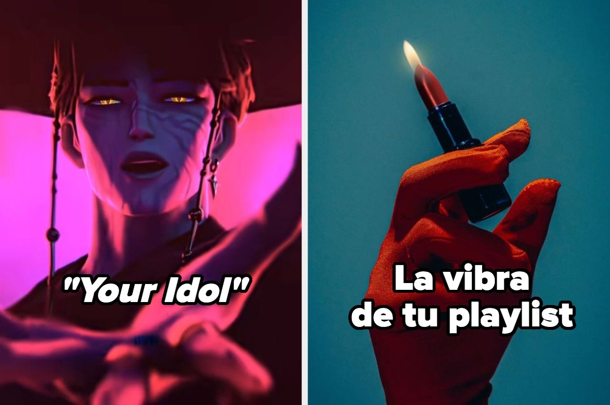 Left: Animated character with intense expression, titled "Your Idol." Right: Hand holding lipstick, captioned "La vibra de tu playlist."