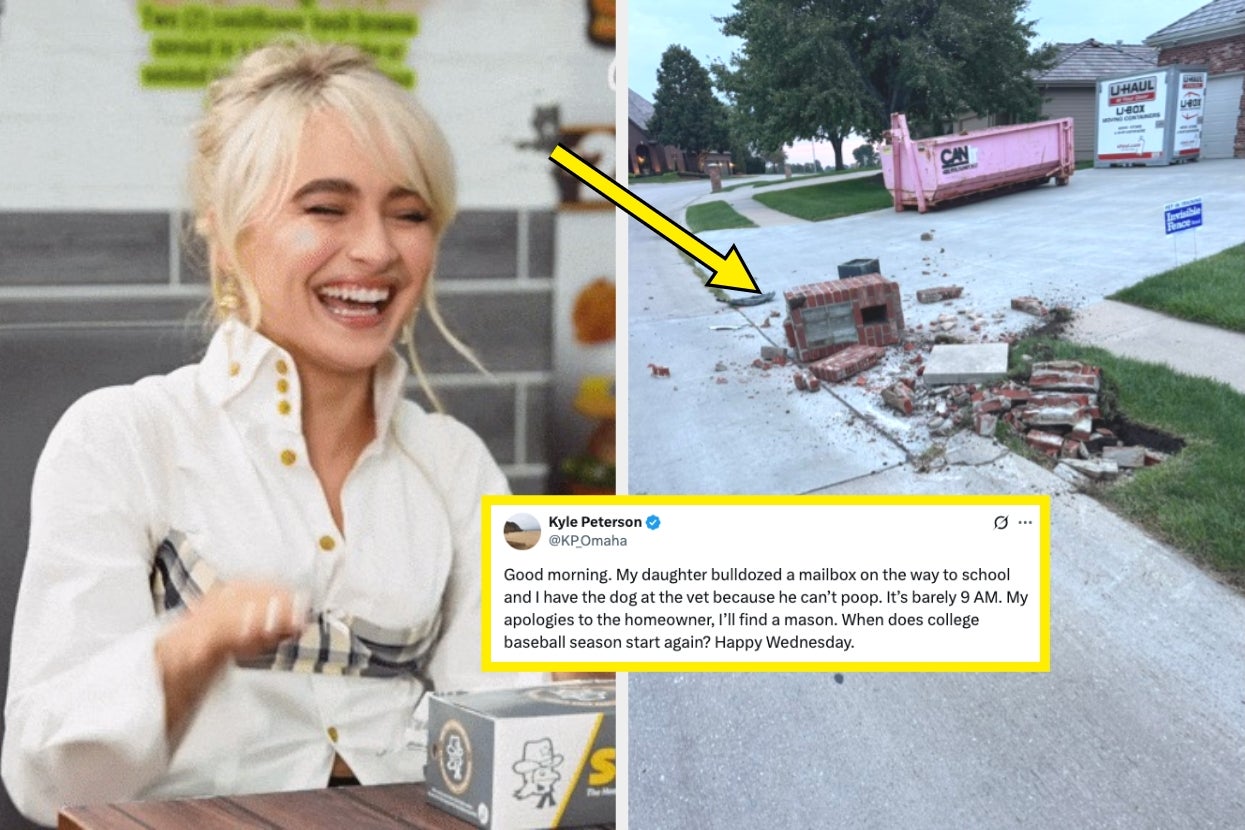 Person laughing next to a text post about a mailbox and a toppled brick structure on a sidewalk