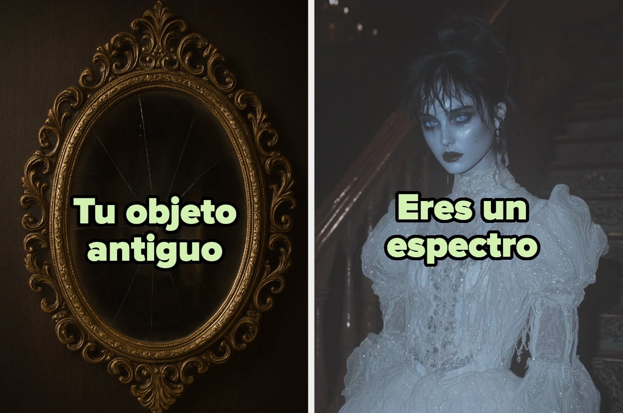 Un espejo antiguo con texto "Tu objeto antiguo" y una persona vestida de fantasma con texto "Eres un espectro"