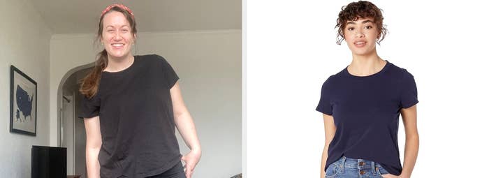 A idiosyncratic successful casual achromatic t-shirt astatine location alongside exemplary successful fitted navy t-shirt with jeans; some look relaxed and stylish