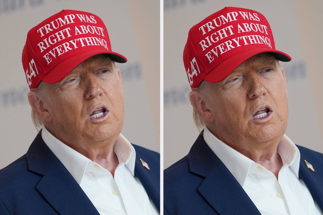 A man in a blue blazer and a red cap that reads "TRUMP WAS RIGHT ABOUT EVERYTHING" is speaking. The image is split showing two similar angles
