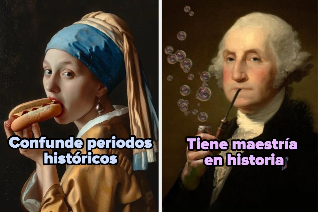 On the left, a person resembling a historical figure eats a hotdog. On the right, one smokes a pipe with bubbles. Overlaid text is humorous in Spanish