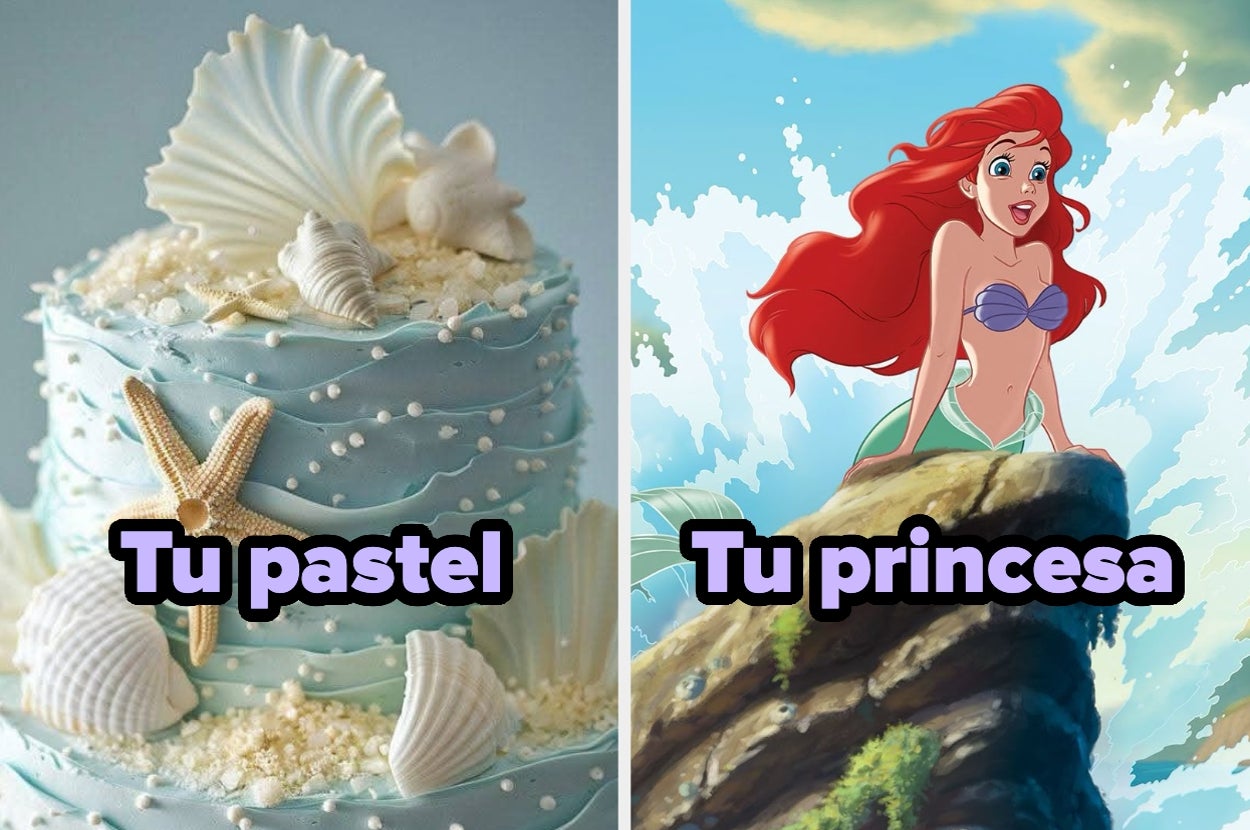 Pastel de sirena con conchas y figura de princesa Ariel junto al texto "Tu pastel, Tu princesa"