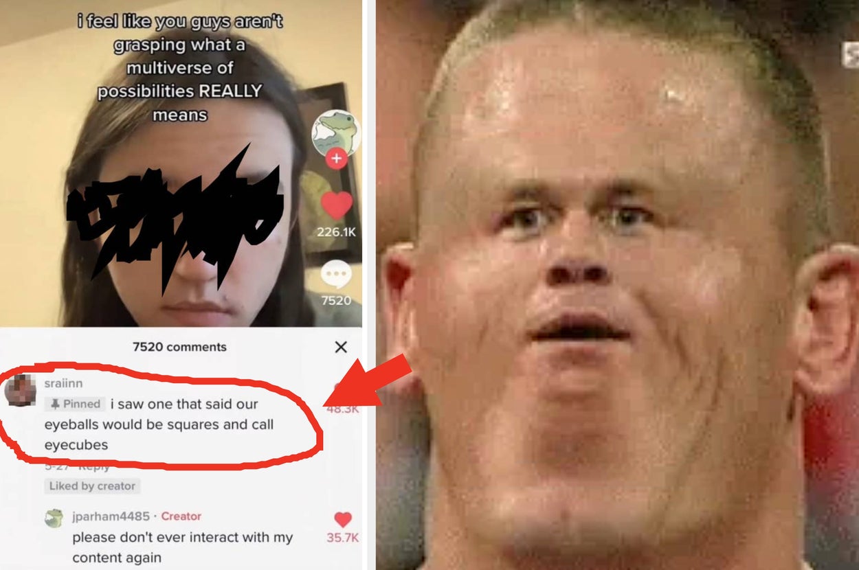 Split image: Left side shows TikTok comments about a multiverse; right side features a distorted meme face. Highlighted comment jokes about "cubecubes."