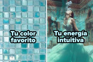 Azulejos azul claro a la izquierda. Persona con vestido elegante en ambiente surrealista a la derecha. Texto: "Tu color favorito" y "Tu energía intuitiva"