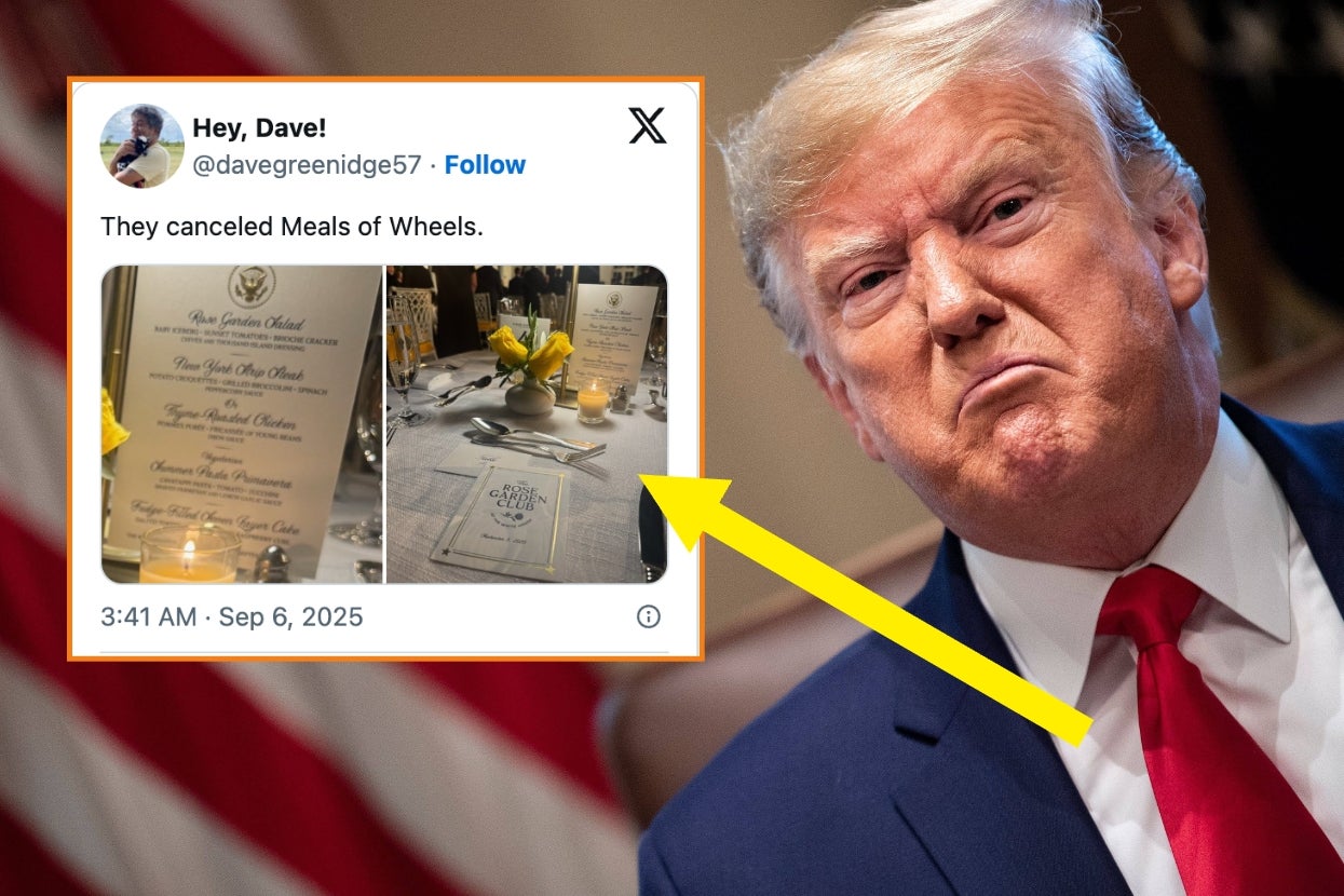 A man with a suit looks concerned. A social media post highlights a menu, with text about "Meals of Wheels" and a date mentioning September 6, 2025