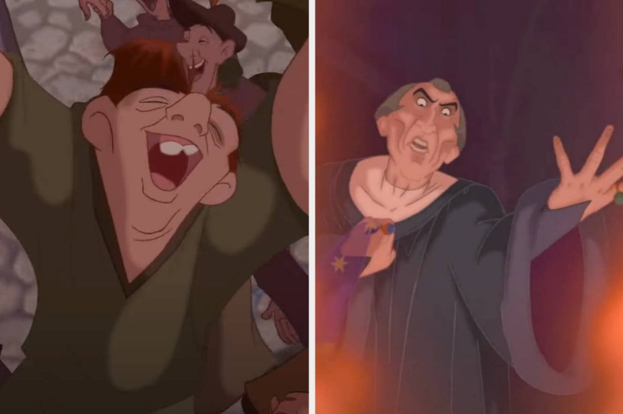 Animated characters from "The Hunchback of Notre Dame" are depicted in expressive poses, conveying emotion and dynamic movement