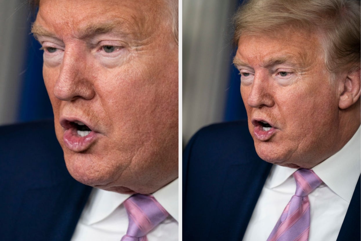 A person in a suit and pink tie is speaking passionately, captured in two close-up shots during an event or press moment