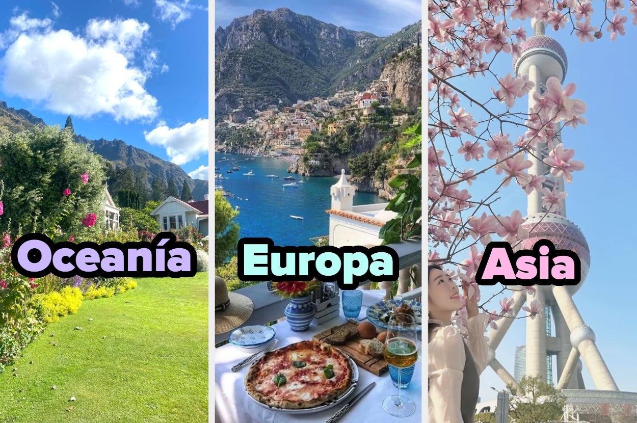 Imagen dividida en tres partes: Oceanía con paisaje de jardín, Europa con costa italiana, Asia con torre moderna y flores de cerezo
