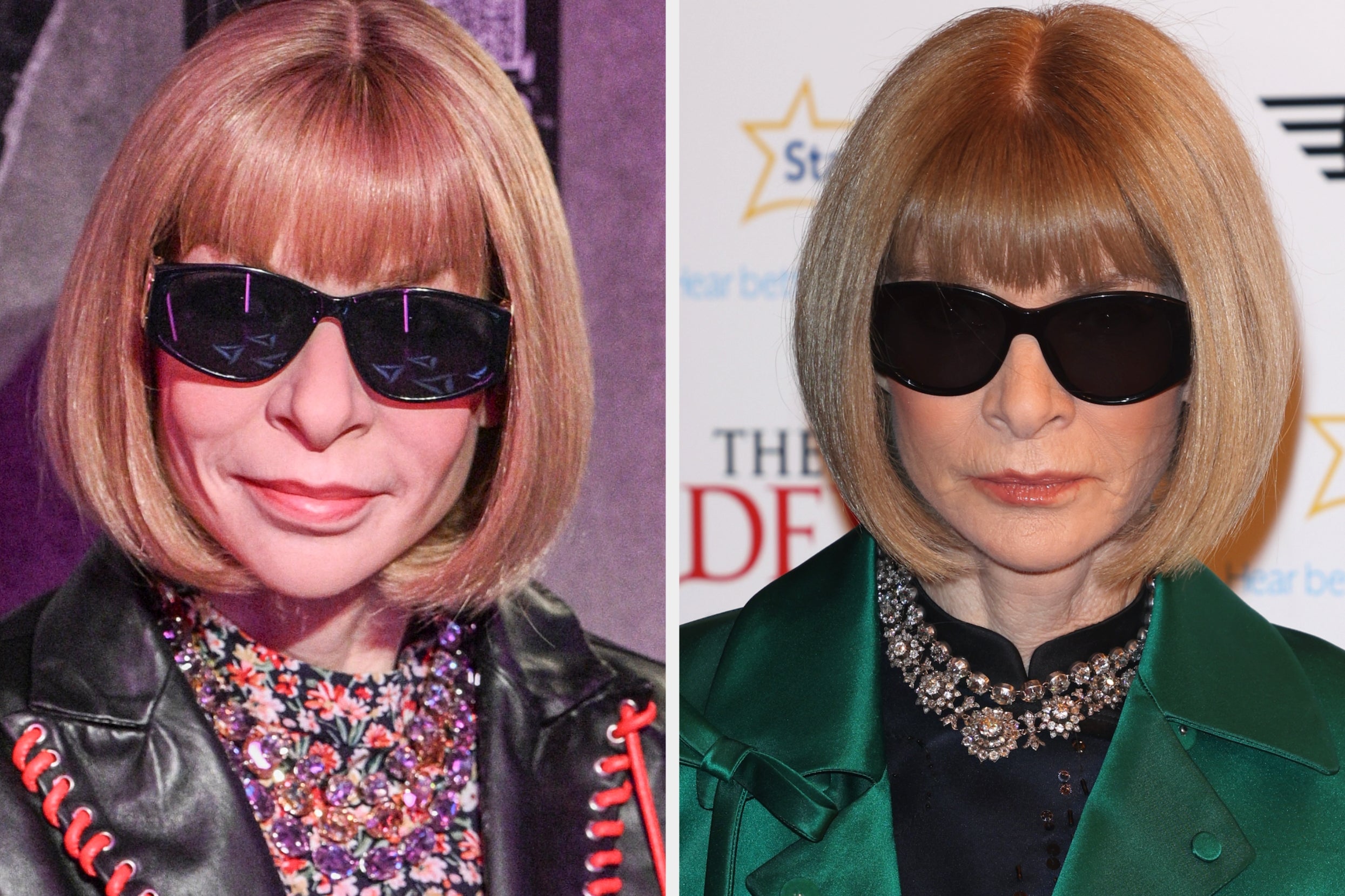 Two people in similar bob hairstyles and sunglasses, wearing detailed outfits with embellished collars