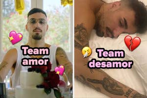 Imagen dividida: a la izquierda, persona con camiseta sin mangas, "Team amor"; a la derecha, persona acostada, "Team desamor". Emojis resaltan escenas