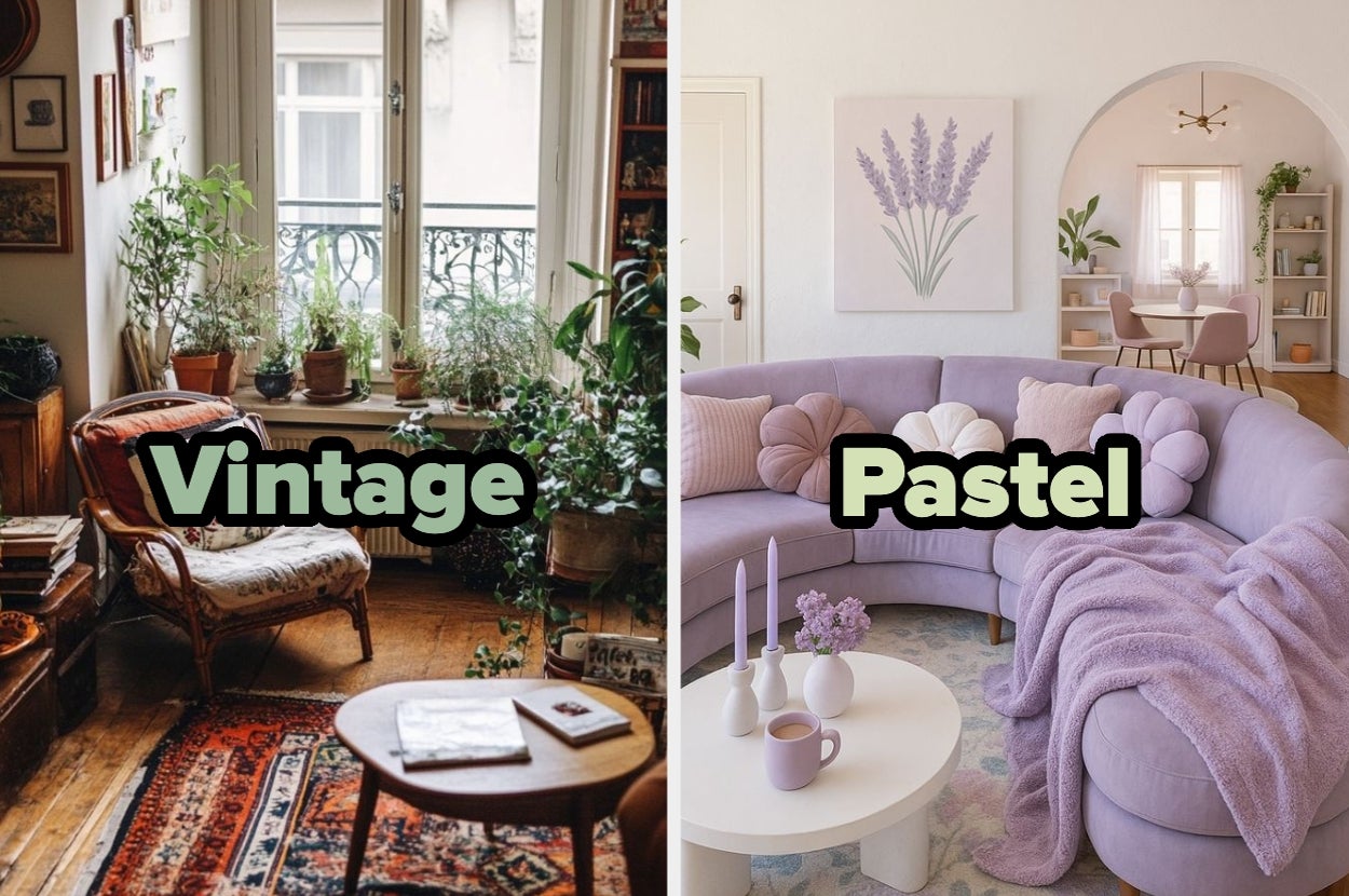Split image of two living rooms: left is vintage style with plants and wooden furniture; right is pastel-themed with a lavender couch and decor