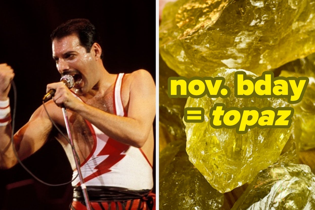 Left: Person performing in a sleeveless white outfit with red details. Right: Text says "Nov. bday = topaz" over topaz gems