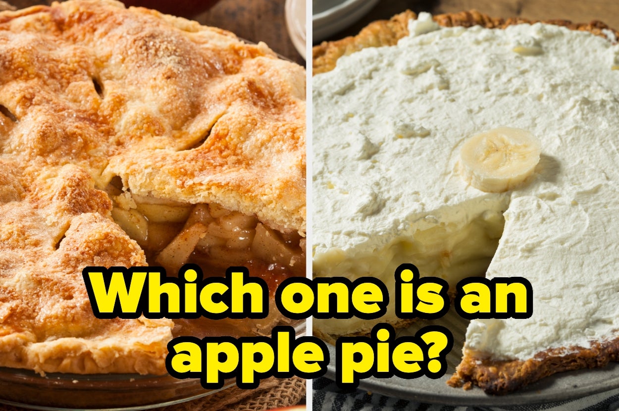Two pies side by side: the left is an apple pie with a lattice crust, and the right is a banana cream pie with whipped topping. Text: "Which one is an apple pie?"