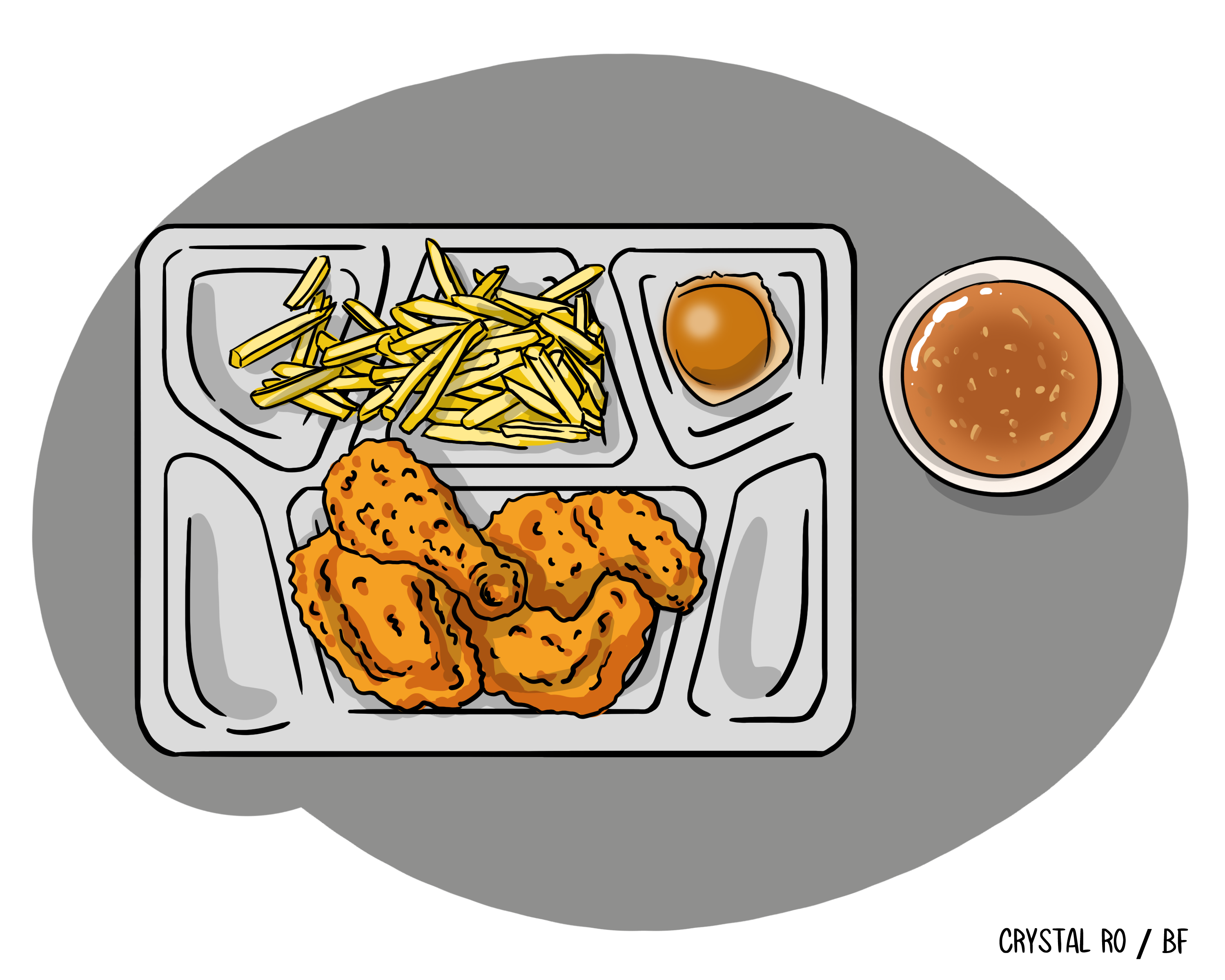 Tray with fried chicken, fries, a biscuit, and a bowl of gravy