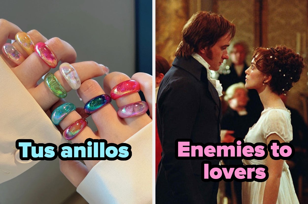 A la izquierda, manos con anillos de estilo moderno. A la derecha, una pareja con vestimenta de época mirándose intensamente. Texto: "Tus anillos" y "Enemies to lovers"