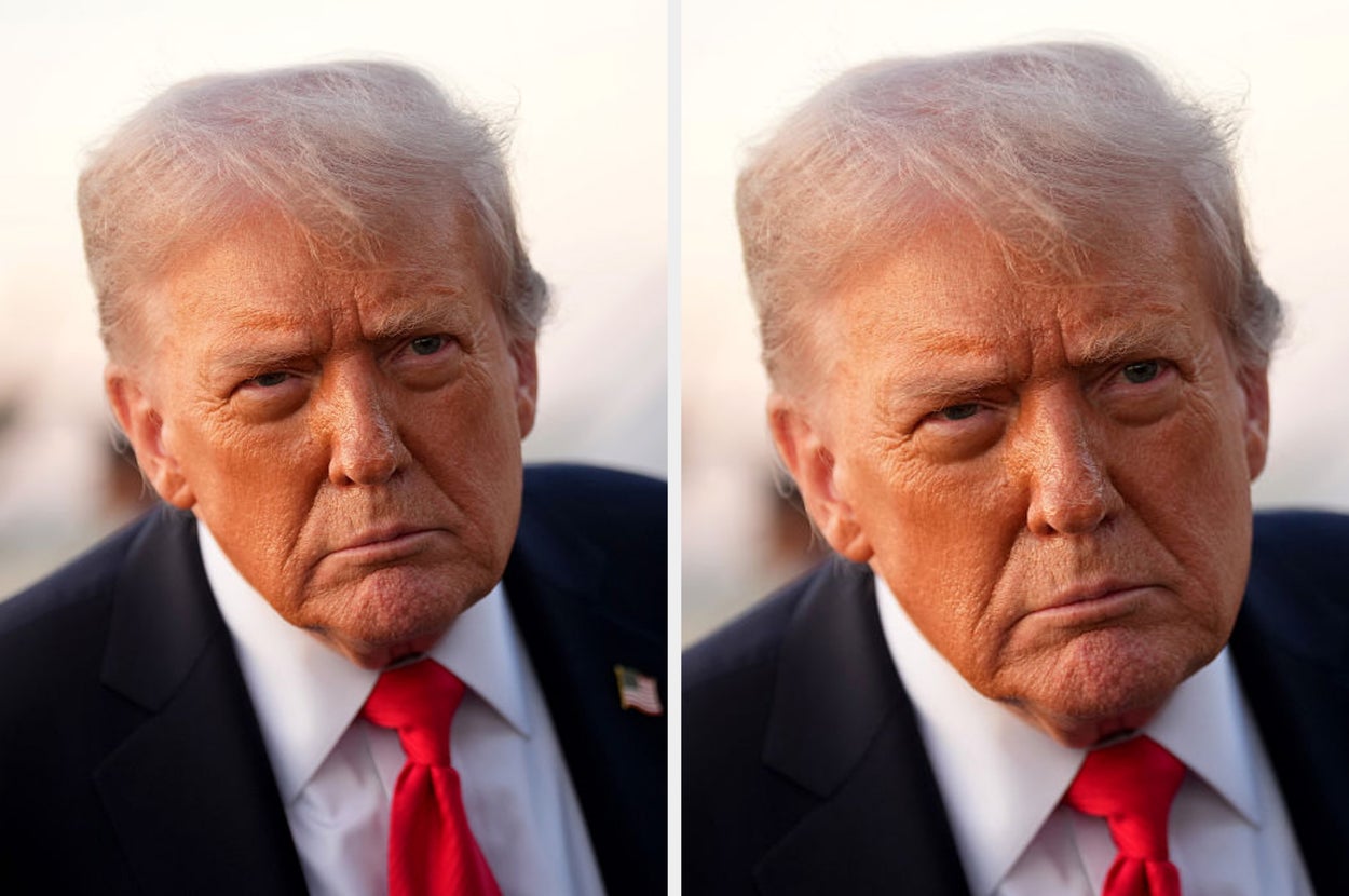 Two images of trump wearing a suit and red tie, with a serious expression, looking into the camera
