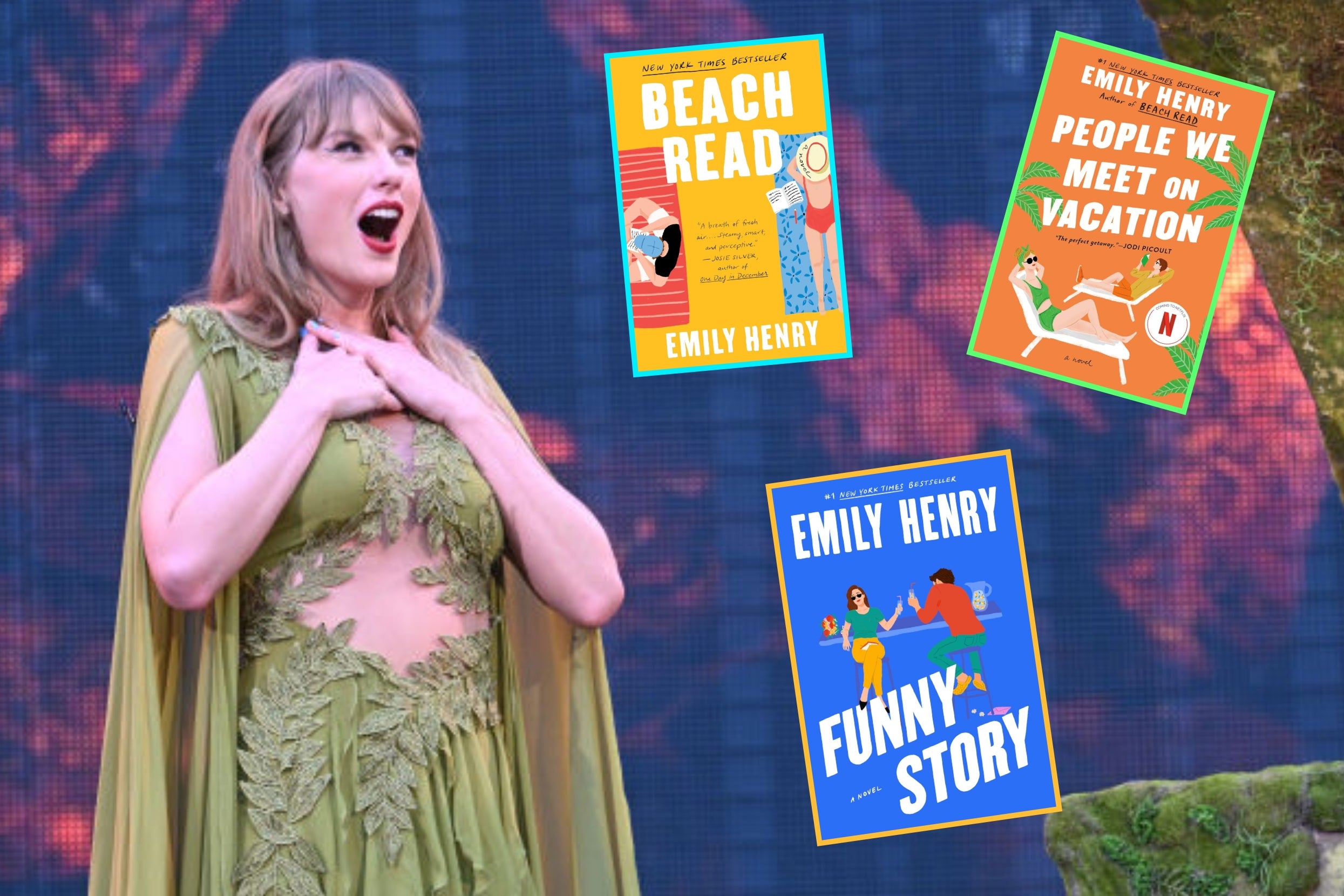 Taylor Swift on stage, mouth open, hands over her heart, appearing to look at three Emily Henry novels