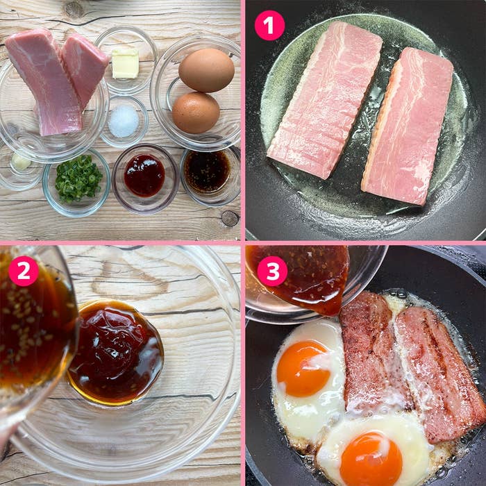 調理手順の画像。1. 肉をフライパンで焼く。2. ソースをボウルで混ぜる。3. 肉と卵を一緒にフライパンで調理。