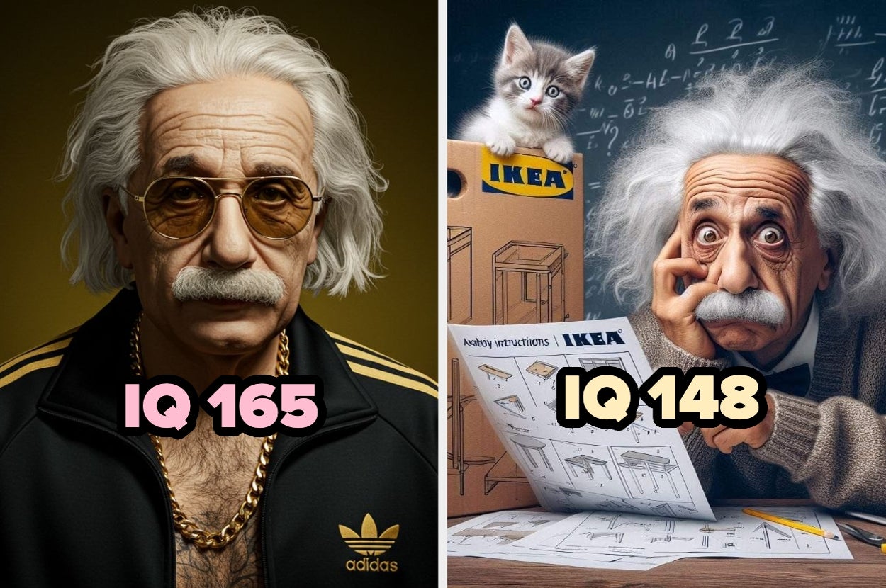 Humorística imagen comparando a Einstein moderno: usando ropa deportiva con un IQ de 165 versus frustrado armando mueble con un IQ de 148