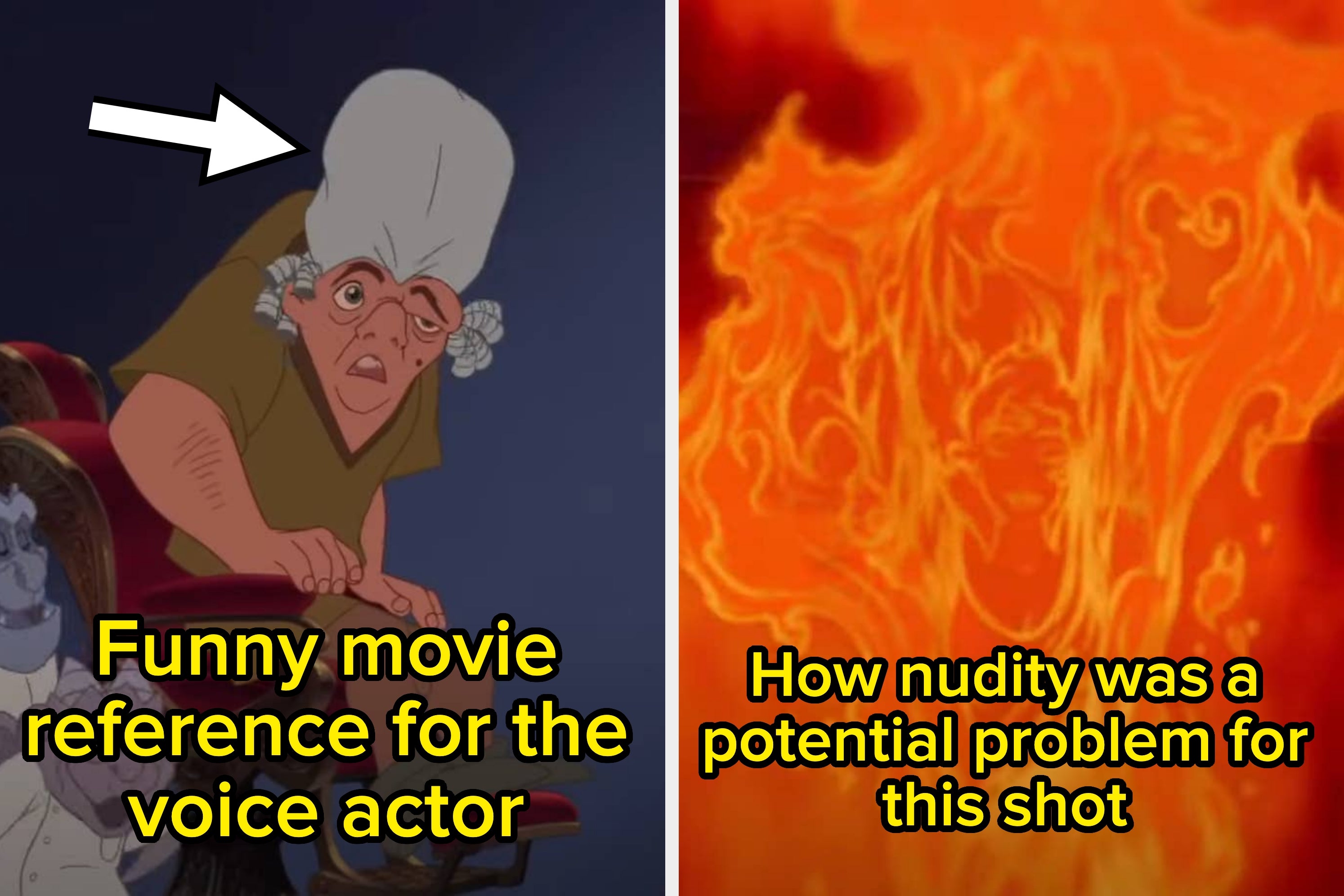 Animated scene split into two: left, a character with a white wig looking surprised; right, fiery background possibly showing a hidden face
