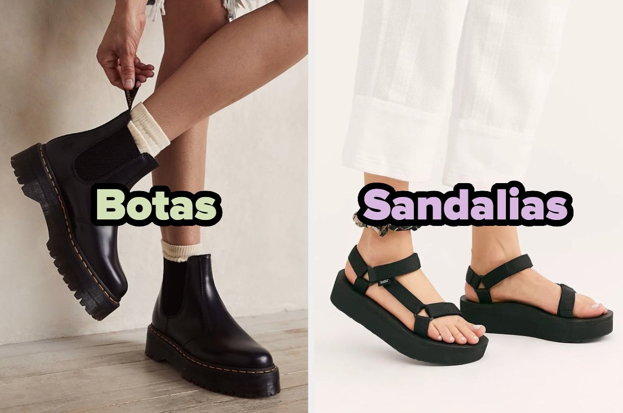 Two images: Left shows a person wearing chunky ankle boots. Right shows a person wearing strappy platform sandals. Text reads "Botas" and "Sandalias."