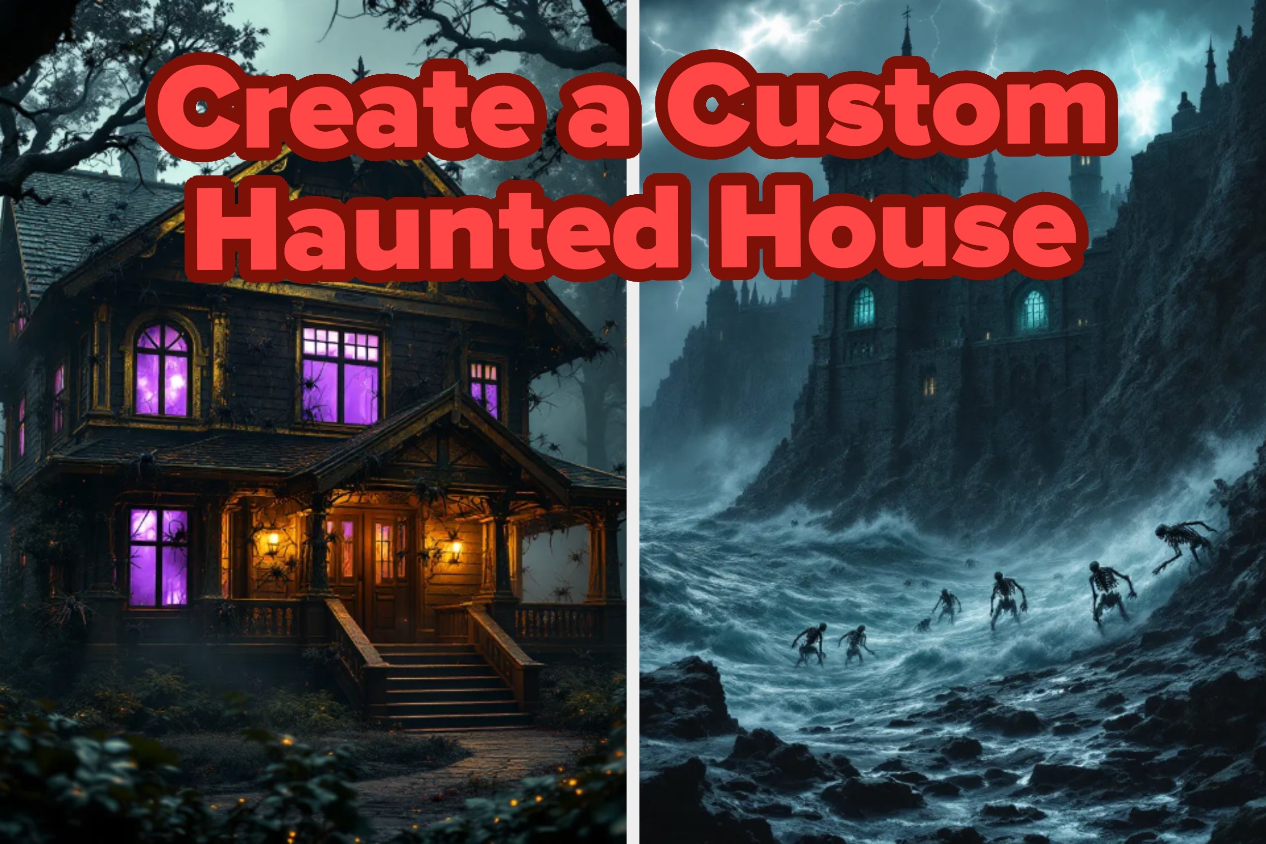 Split image: spooky house at night, left; haunted castle by stormy sea, right. Text: "Create a Custom Haunted House."