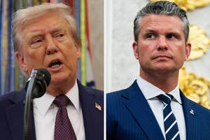 Two men in suits at separate podiums, possibly in a formal or media setting