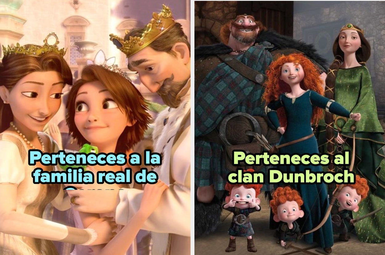 Imagen dividida de dos escenas animadas: a la izquierda, una familia real; a la derecha, el clan Dubroch con personajes vestidos tradicionalmente