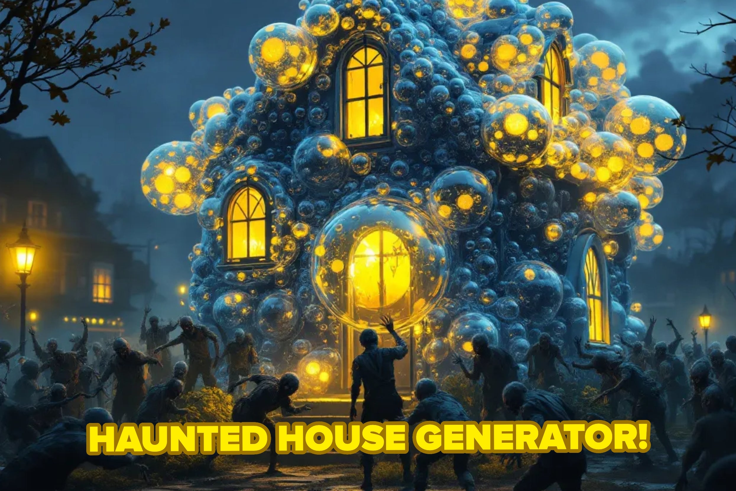 A whimsical house covered in glowing bubbles is surrounded by silhouettes of people. Text reads, "Haunted House Generator!"