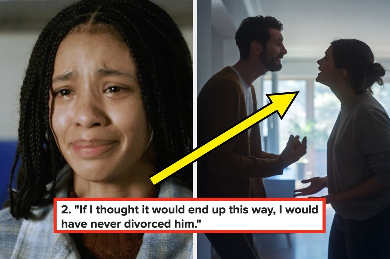 Split image: Left shows a woman crying; right shows a couple arguing; caption reads, "If I thought it would end up this way, I would have never divorced him"