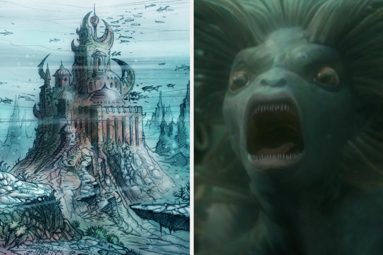 Fantastical underwater castle with fish surrounds; on right, a mythical aquatic creature with an open mouth from "Harry Potter and the Goblet of Fire"