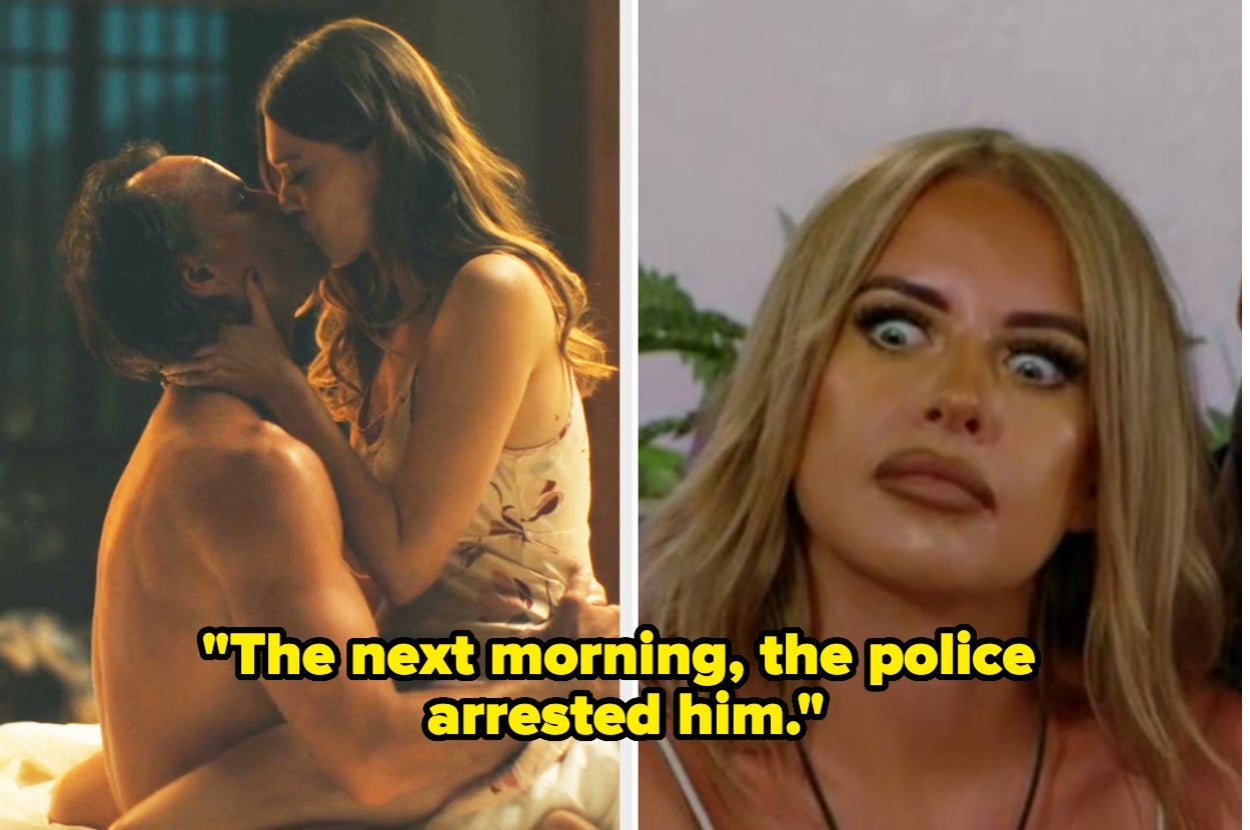 Couple kissing in left image. Woman appears shocked in right image. Text below: "The next morning, the police arrested him."