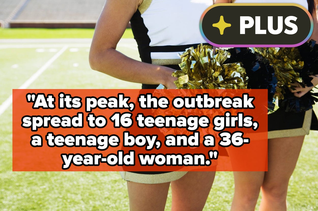 Two cheerleaders holding pom-poms on a field. Overlaid text: The outbreak affected 16 teenage girls, a teenage boy, and a 36-year-old woman