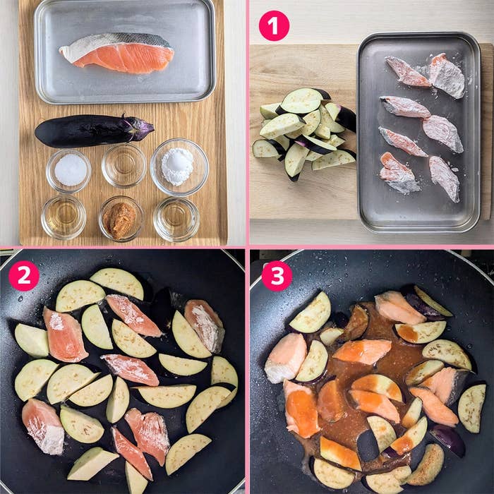 サケとナスの料理手順。1: 材料準備。2: フライパンで炒める。3: ソースを加え仕上げる。