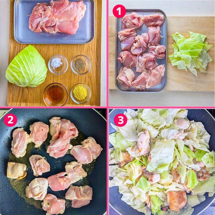 鶏もも肉とキャベツを使った料理の手順。1. 材料の準備。2. 鶏肉をフライパンで調理。3. キャベツと混ぜ合わせる。