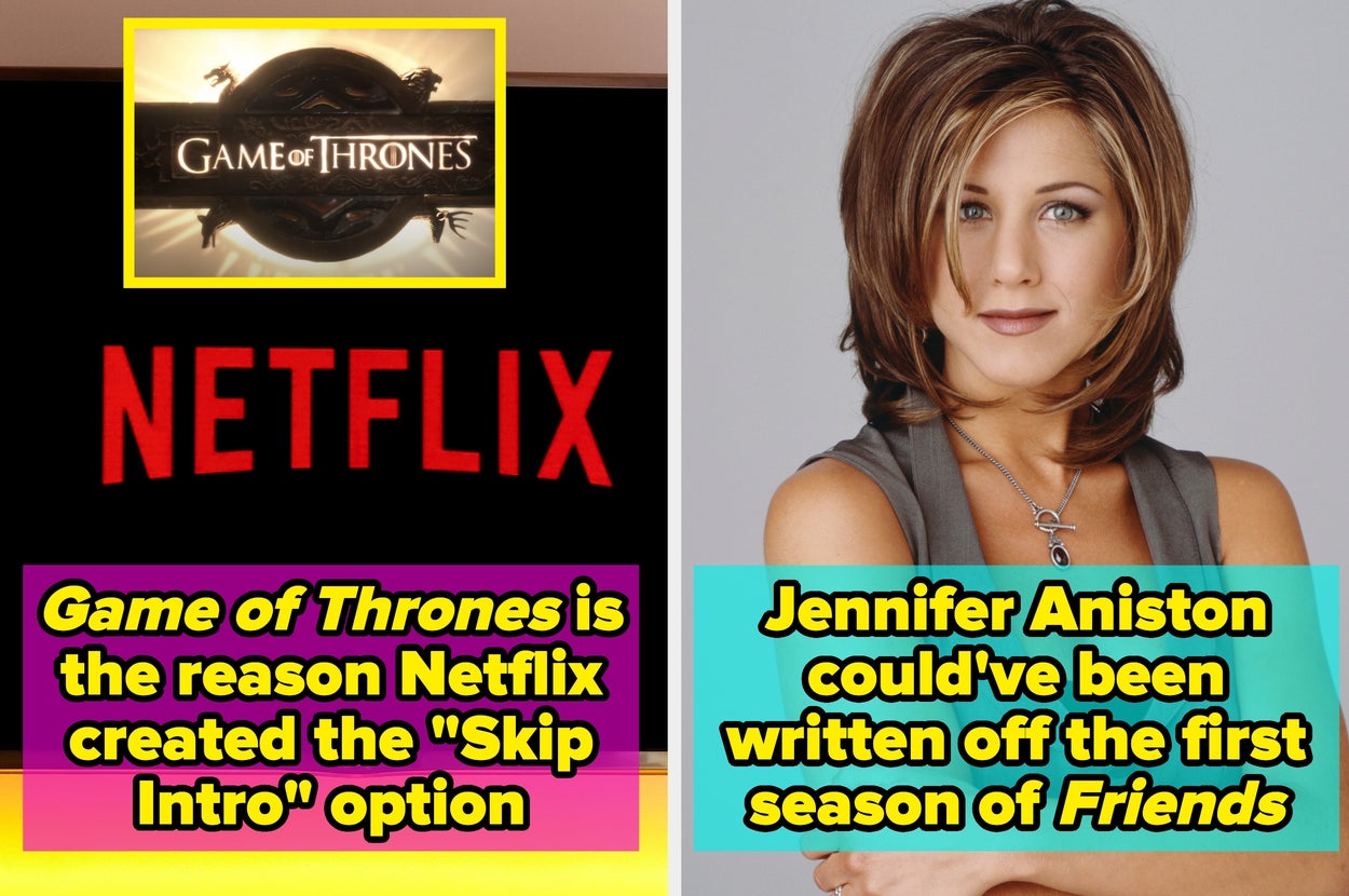 Split image: Left shows "Game of Thrones" and Netflix; right features Jennifer Aniston with text about potentially being written off "Friends."