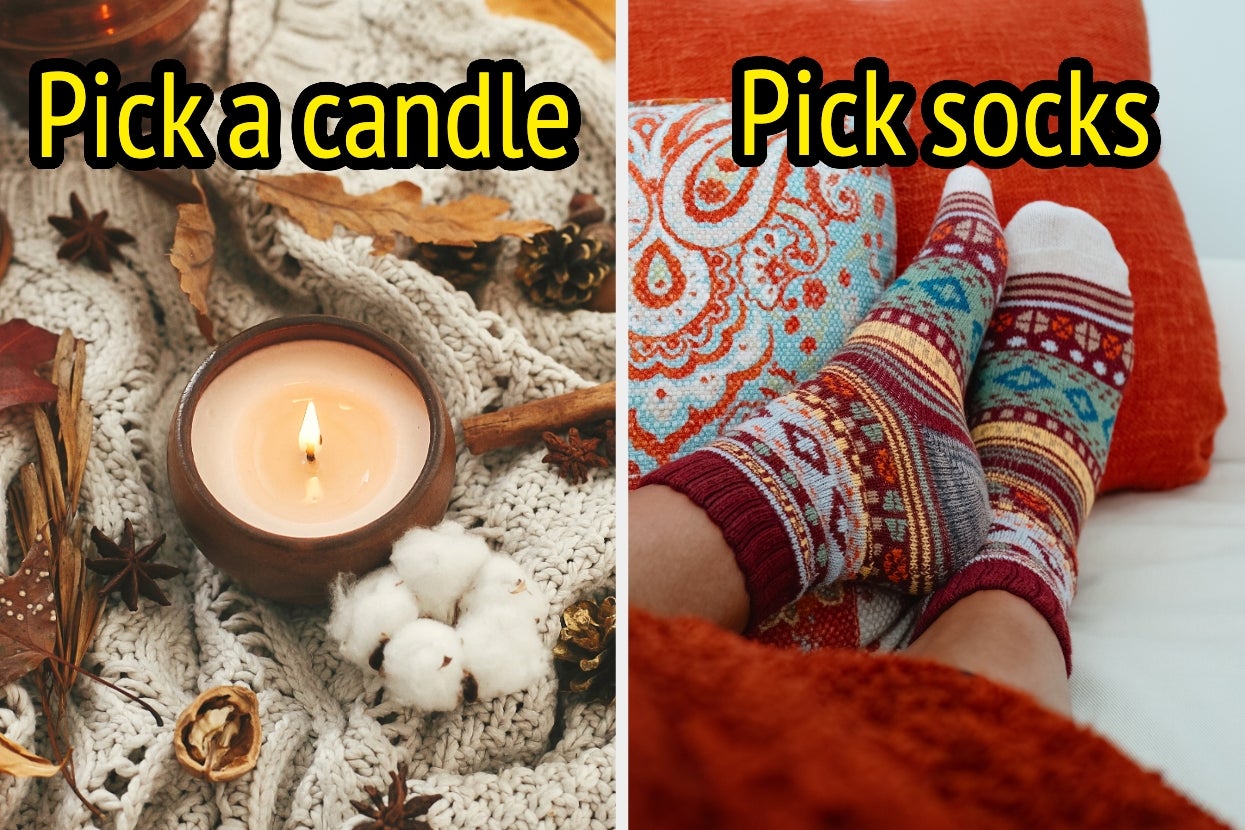 Left: Lit candle among cozy decor. Right: Feet in festive socks on a bed with a patterned pillow. Text: "Pick a candle, Pick socks."