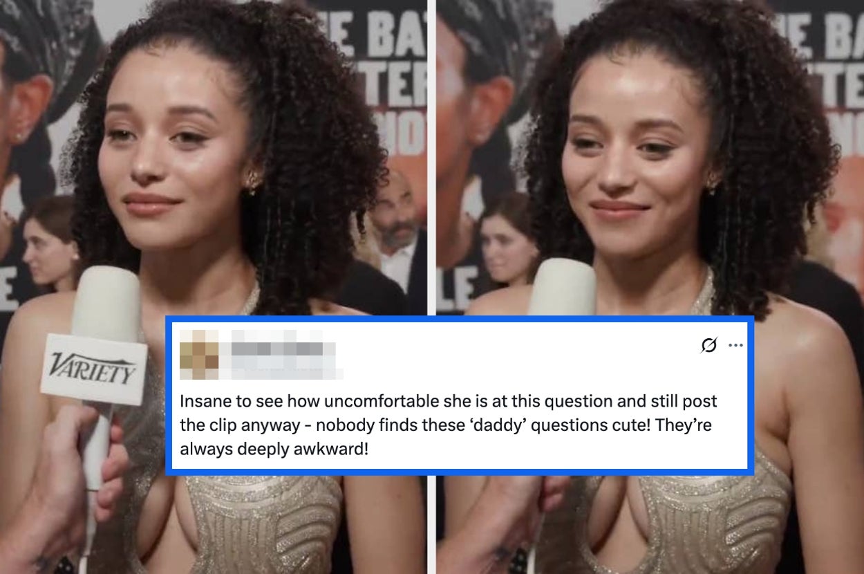 A person in an elegant dress at a media event with a text caption about uncomfortable interview questions