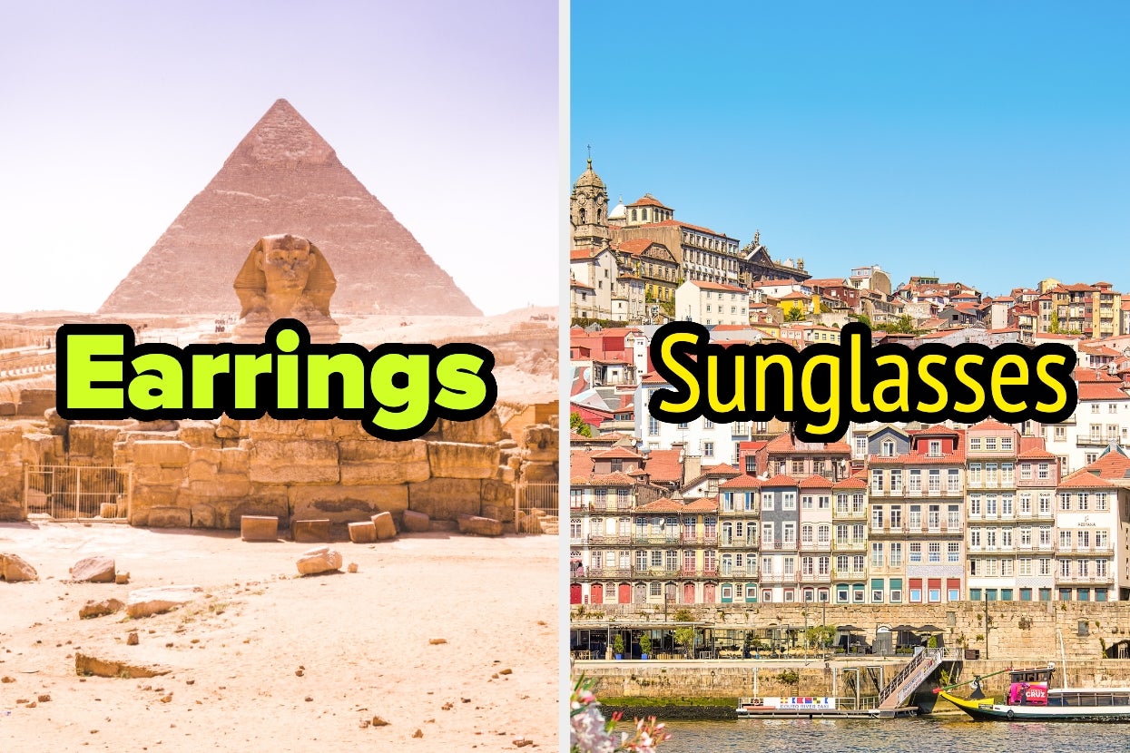 Split image: Left shows the pyramids and Sphinx with "Earrings" text; right shows a cityscape with "Sunglasses" text