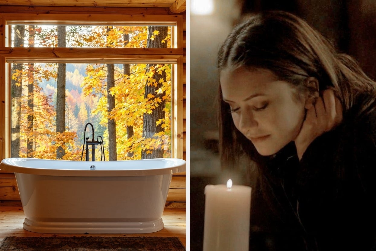A cozy, serene interior: a standalone bathtub by a large window with autumn views, and Nina Dobrev as Elena Gilbert in Vampire Diaries gazing at a lit candle in a relaxed, contemplative pose