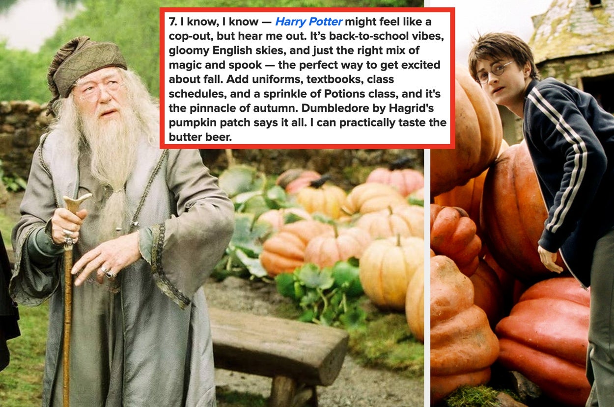 Split image: Left shows an elder wizard beside large pumpkins labeled "Harry Potter." Right shows a man and woman in a library labeled "Buffy the Vampire Slayer."