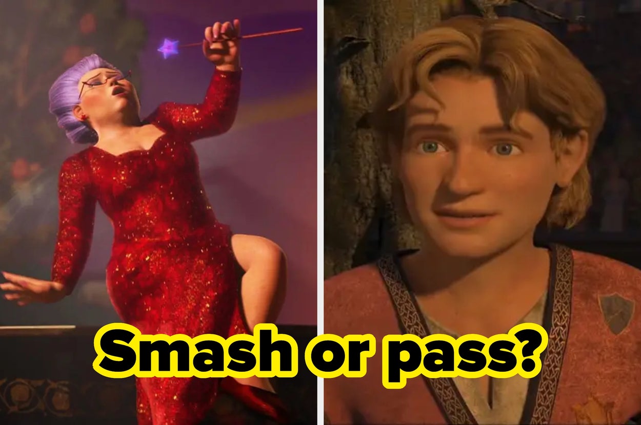 Two animated characters: one in a sparkly red dress singing, the other in a medieval-style outfit, with the text "Smash or pass?"