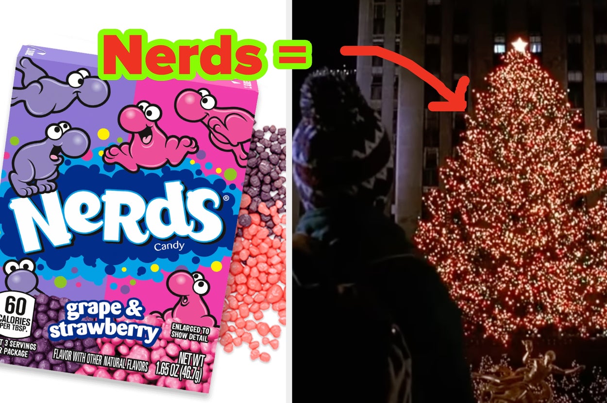 Nerds candy compared to a Christmas tree with a red arrow, suggesting the candy is as festive as the tree