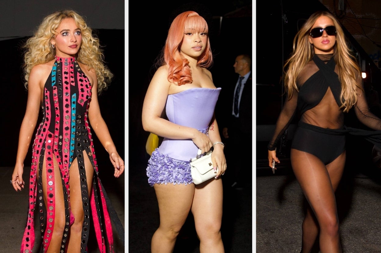Split image of Sabrina Carpenter, Ice Spice, and Tate McRae in striking outfits