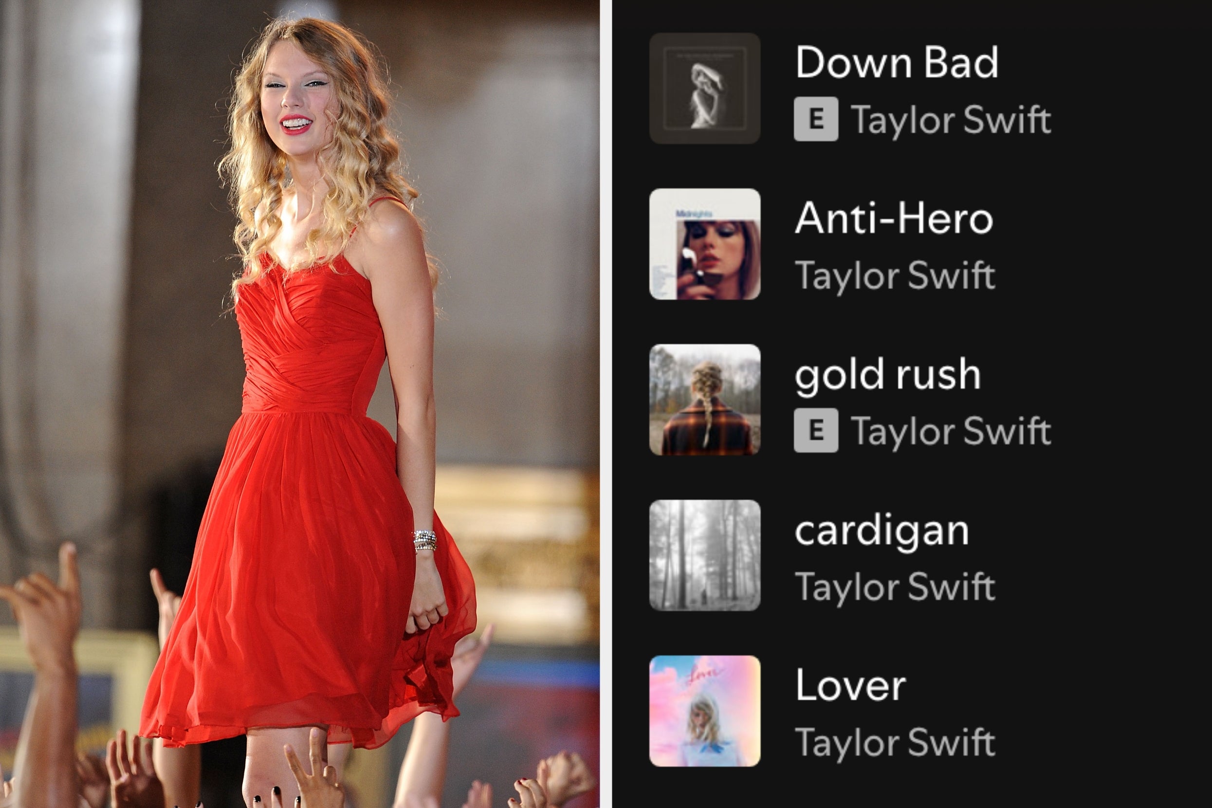 On the left, Taylor Swift performing outside, smiling, and on the right, a Taylor Swift Spotify playlist