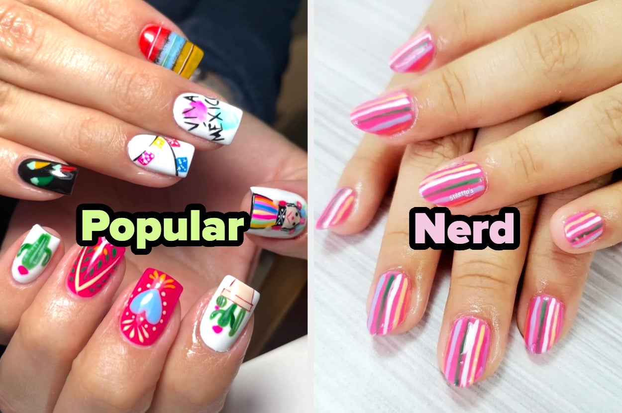 Comparación de uñas: a la izquierda, uñas coloridas con diseños atrevidos; a la derecha, uñas con rayas rosadas y blancas más sobrias
