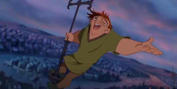 Animated quality Quasimodo joyfully swings connected a enactment supra Paris, from "The Hunchback of Notre Dame."