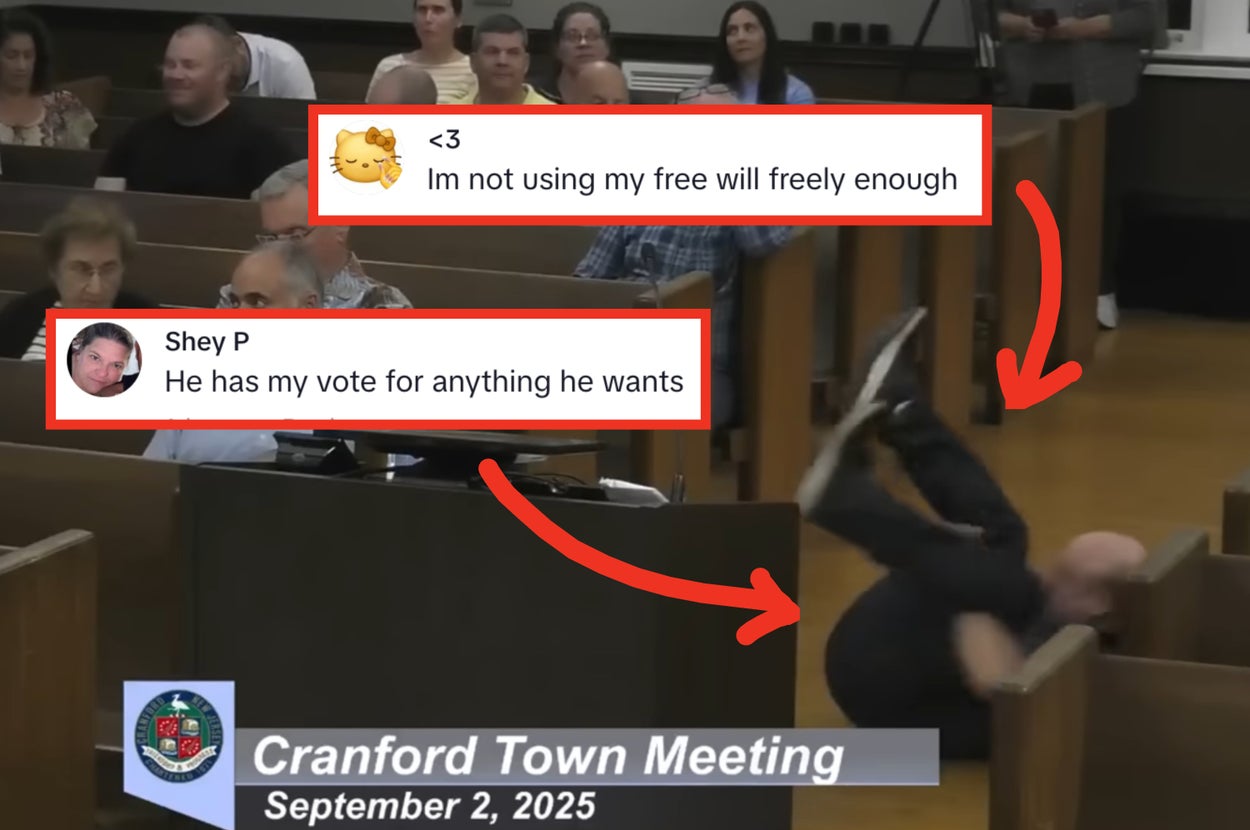A person falls backwards off a bench during a Cranford town meeting on September 2, 2025, as others in the audience look on