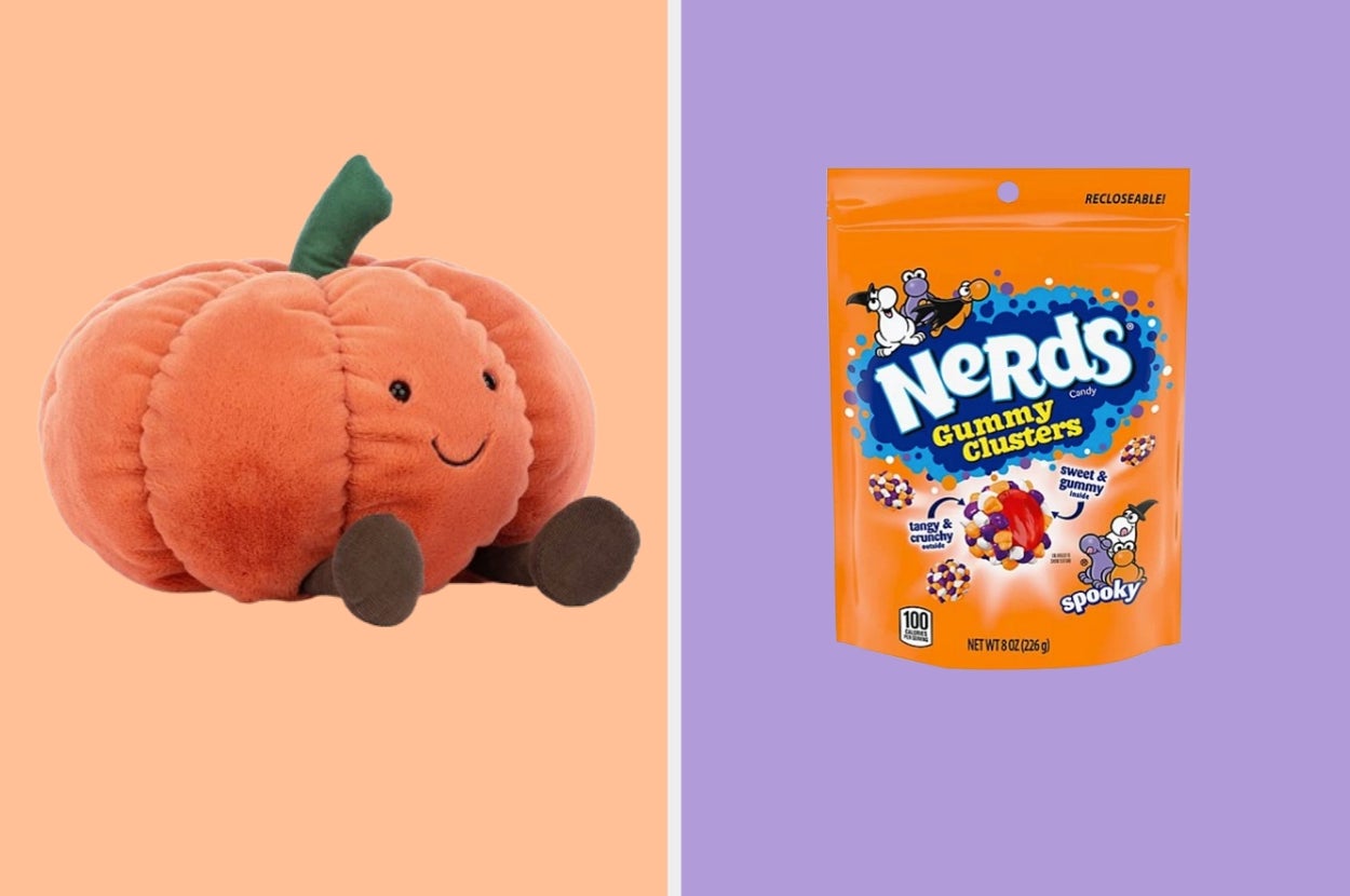 Plush pumpkin toy on left, bag of Nerds Gummy Clusters candy on right